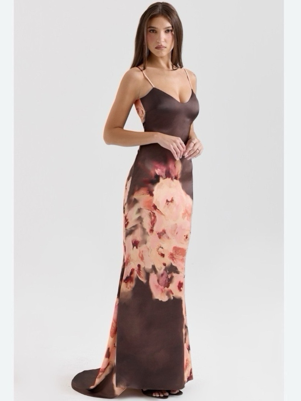 House of CB Mariamma Dark Brown Floral Printed Satin Maxi Dress - Picture 2 of 16